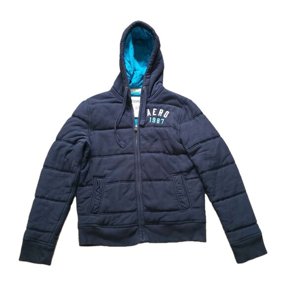 VTG Y2K Aeropostale Heavy Insulated Size Large Mens Blue Embroidered Hoodie - Picture 1 of 8